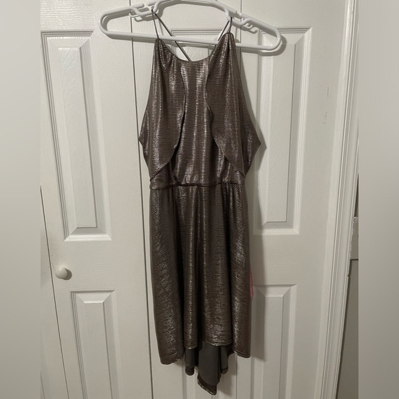 Halston Women’s Hi low Drape Metallic Gunmetal Racer back Midi dress size 8 - Picture 9 of 16